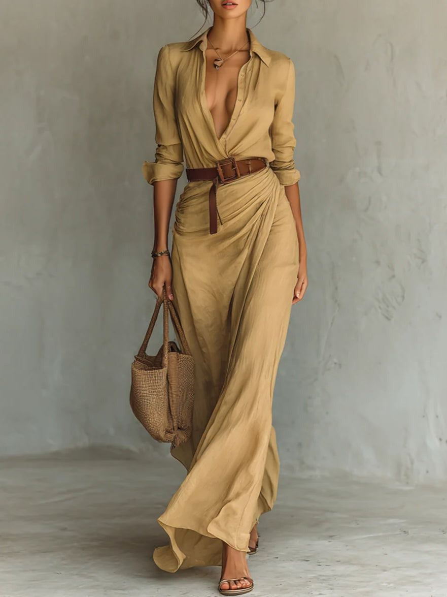 Isa | Long belted dress with long sleeves and lapels