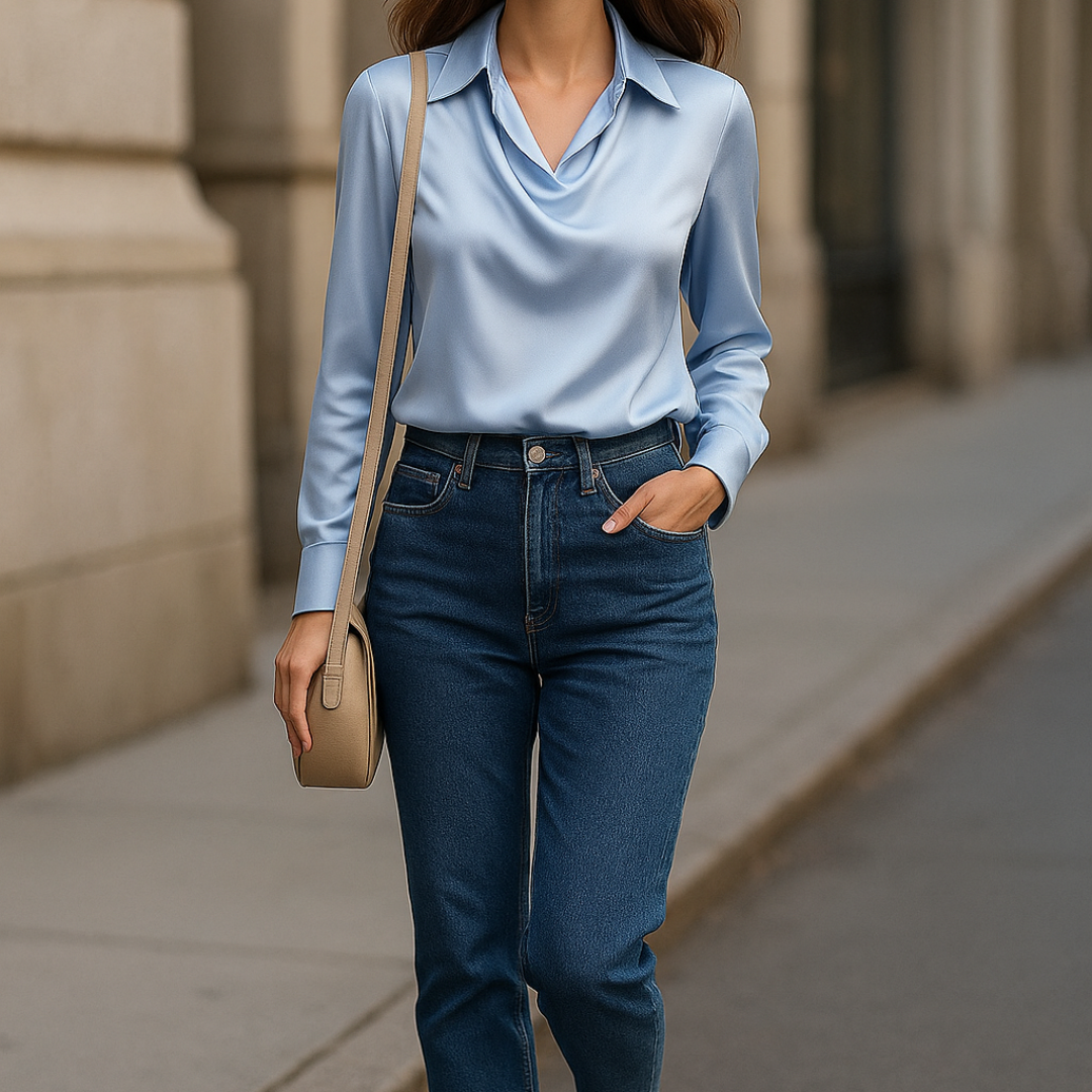 Ikata | Shiny Blouse with Pleated Neckline – Chic & Timeless